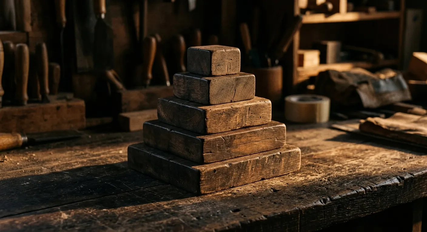 Pyramidische Anordnung aus dunklen Holzwürfeln in fünf Ebenen