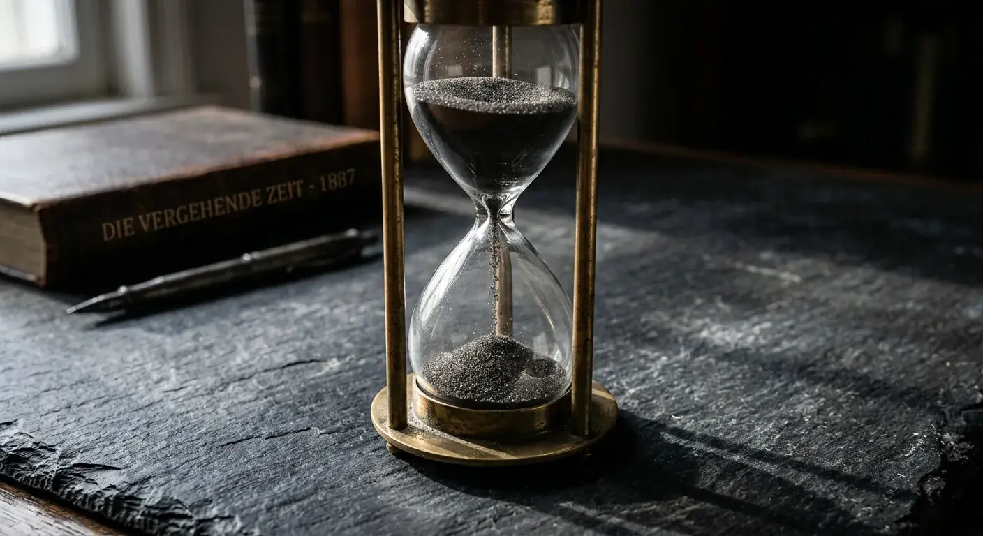 Sanduhr mit auslaufendem Sand auf dunklem Schiefergrund