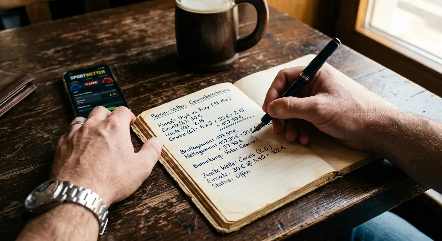 Notizbuch mit handschriftlicher Berechnung auf dunkler Holzplatte