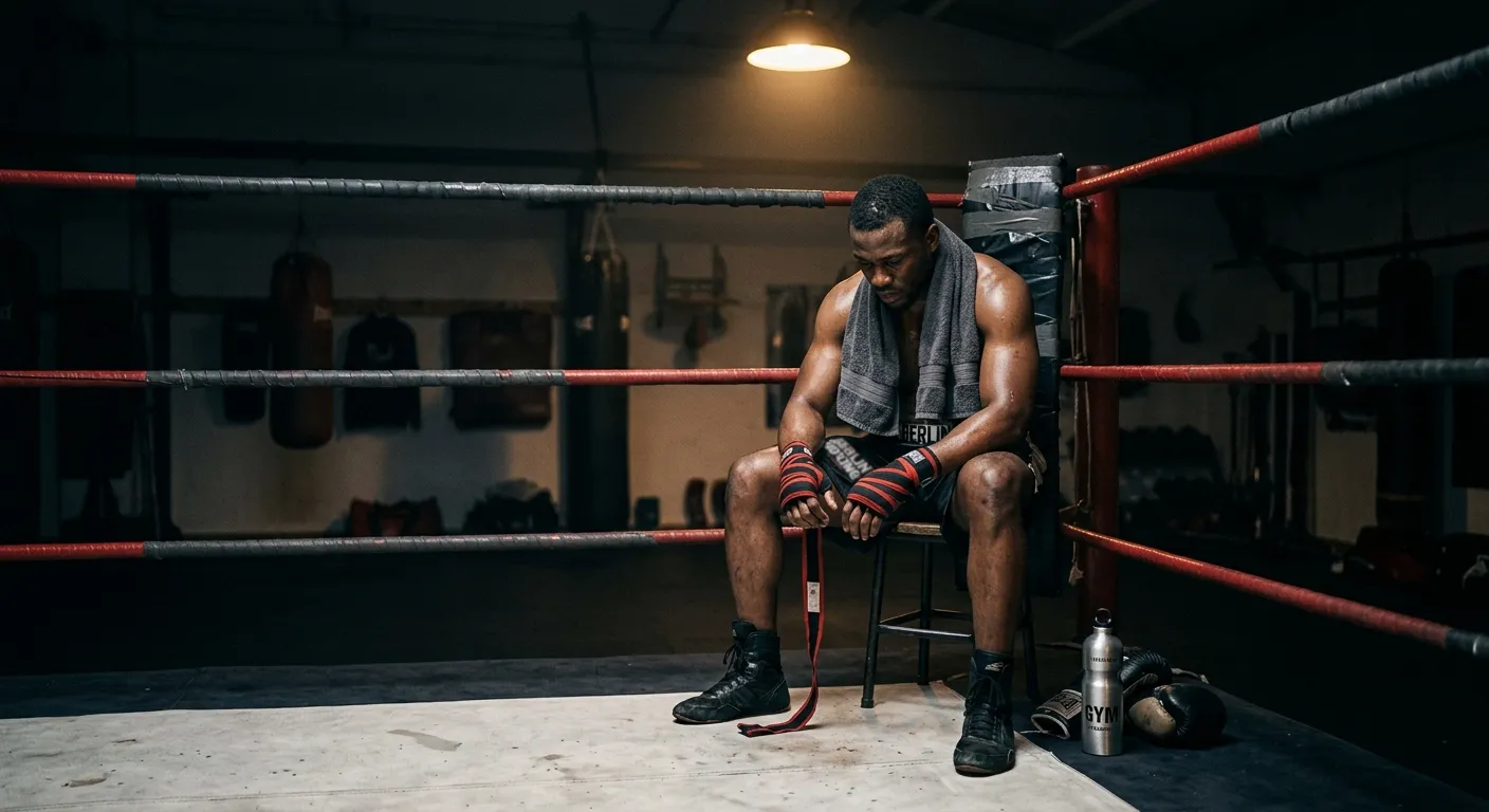 Boxer sitzt allein in seiner Ringecke nach Trainingstag und sammelt seine Gedanken