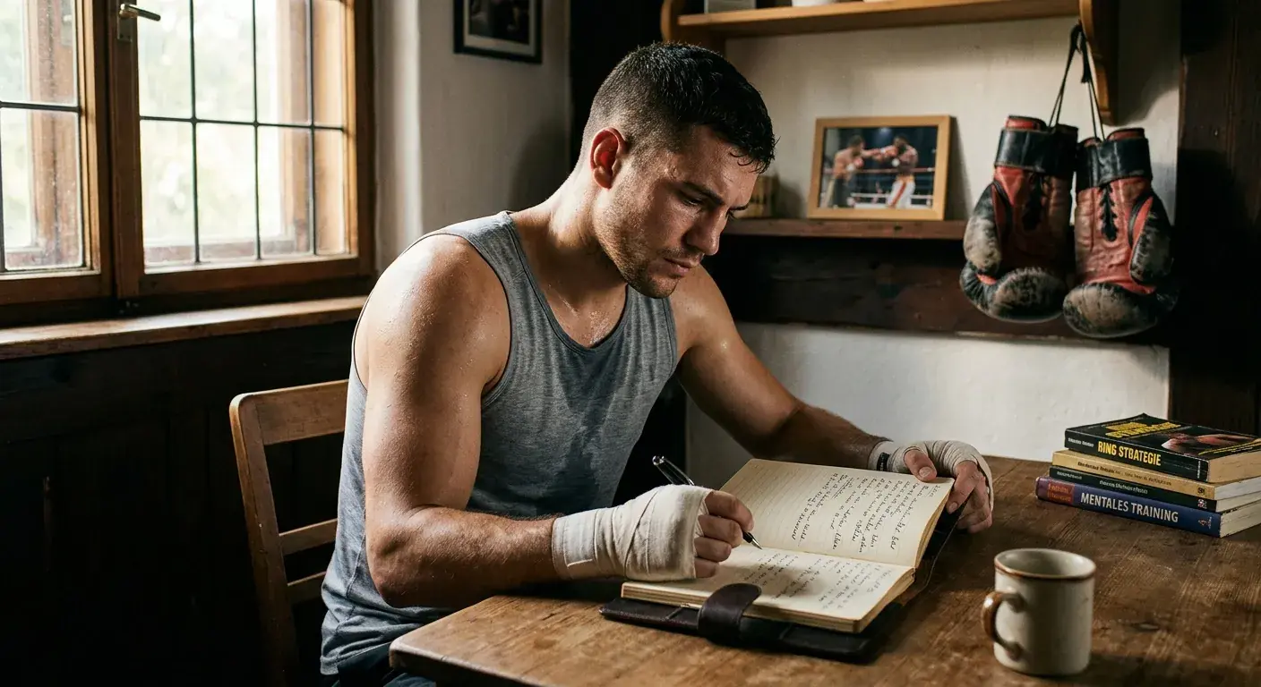Boxer prüft konzentriert Notizen im Notizbuch nach dem Training in seinem Büro