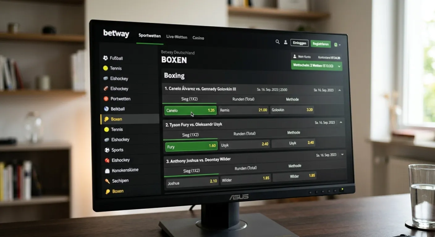 Browser-Ansicht eines Sportwetten-Anbieters mit Boxkampf-Quoten und Marktauswahl