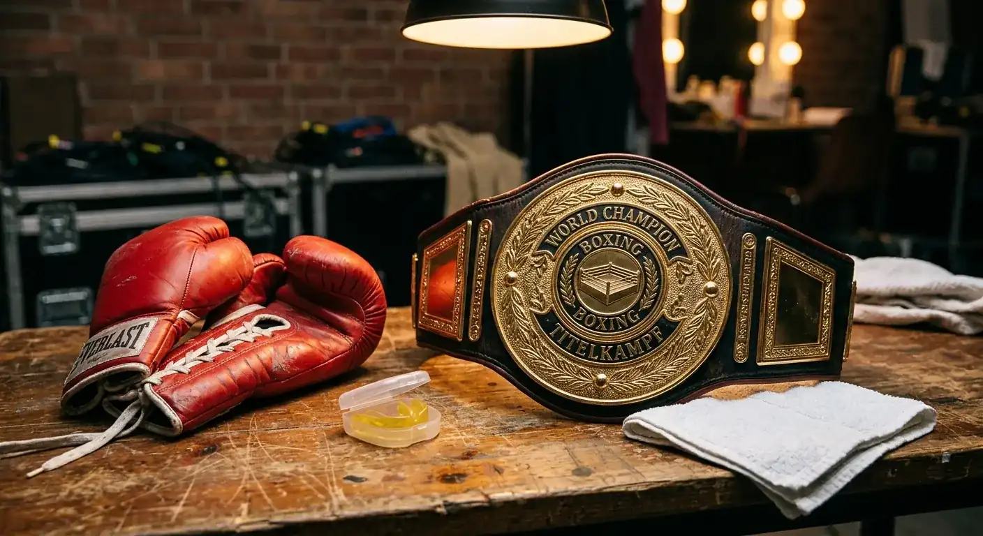 WM-Boxgürtel ruht auf Holztisch neben Mundschutz und Boxhandschuhen im Backstage
