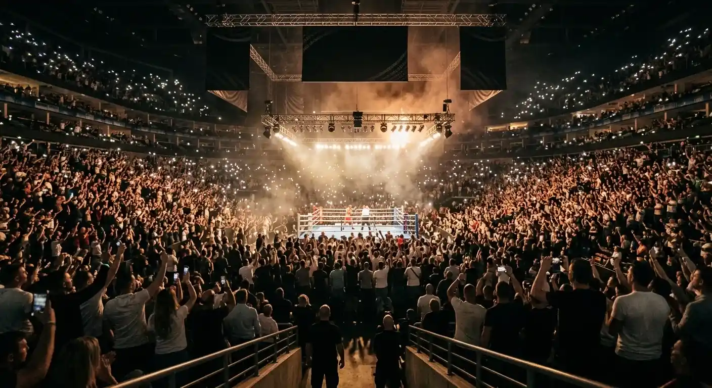 Vollbesetzte Arena beim Ringgang vor weltmeisterschaftlichem Hauptkampf am Abend